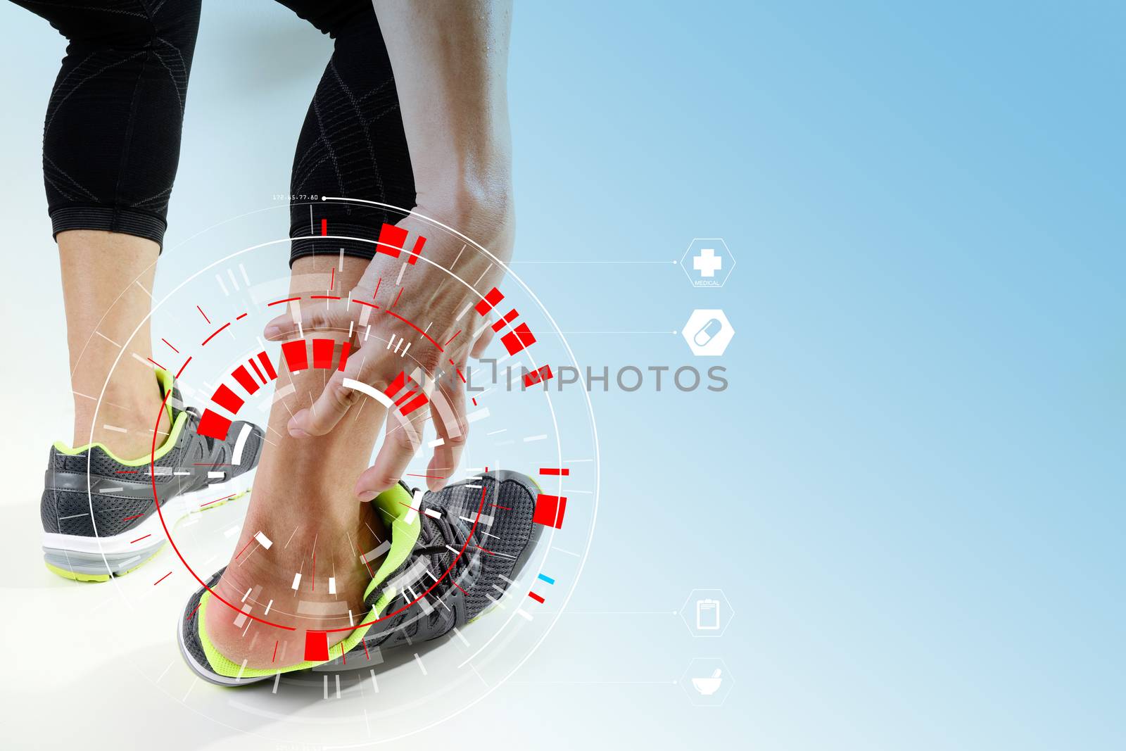 Runner sportsman holding ankle in pain with Broken twisted joint running sport injury and Athletic man touching foot due to sprain with VR medical scanning