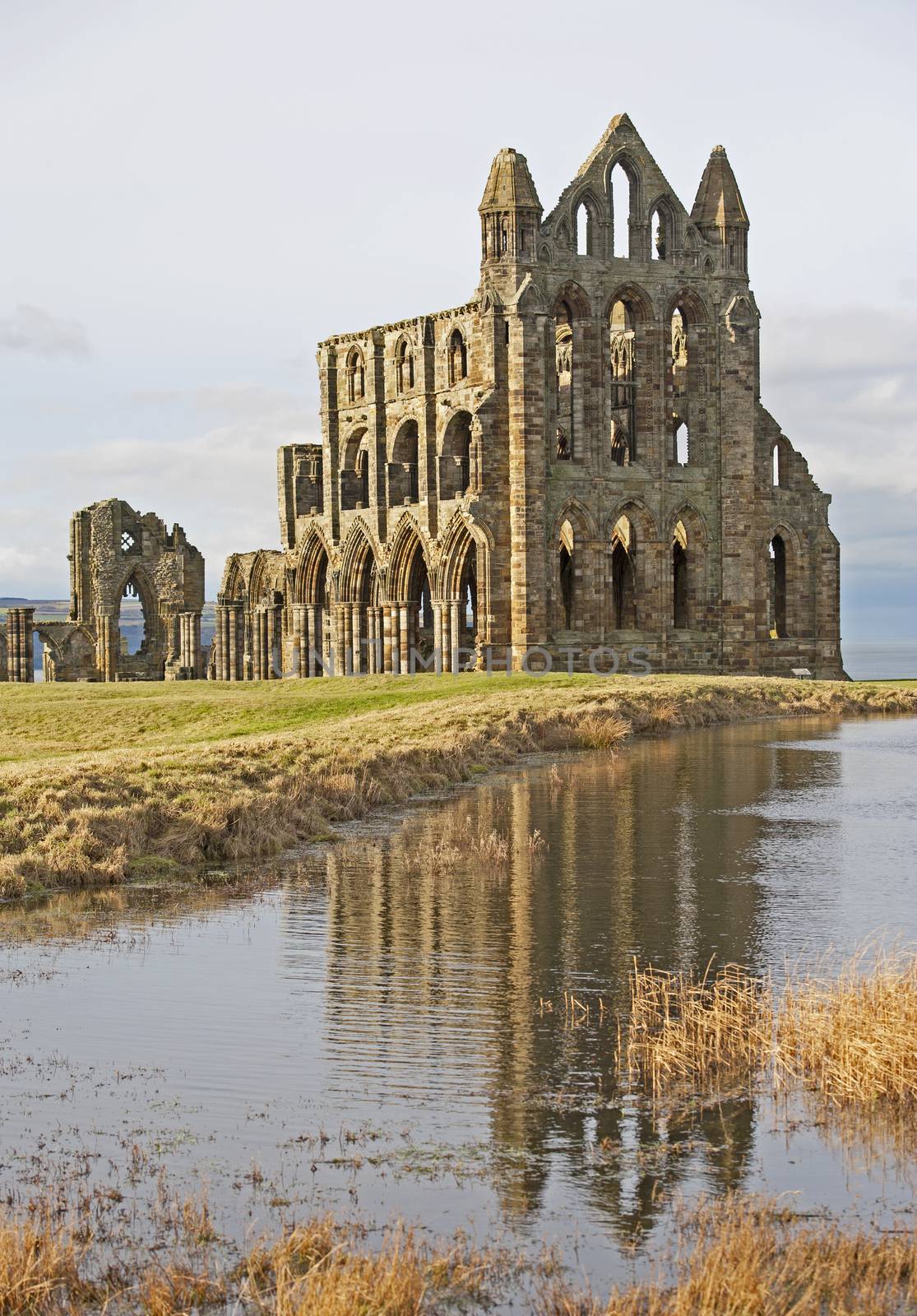 Remains of an ancient english abbey with a reflection in water