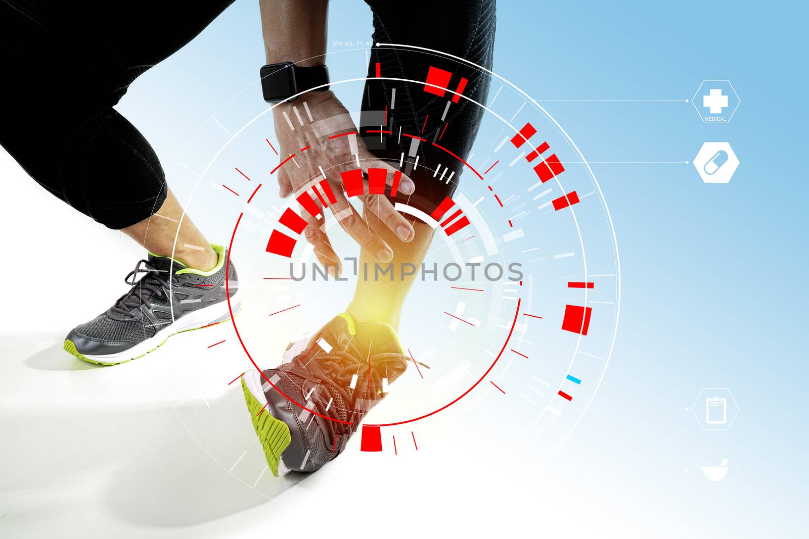 Runner sportsman holding ankle in pain with Broken twisted joint running sport injury and Athletic man touching foot due to sprain with VR medical scanning