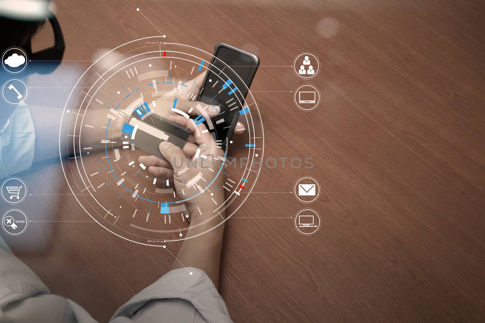 top view of hands using laptop and holding credit card with social media diagram as Online shopping concept with Vr diagram