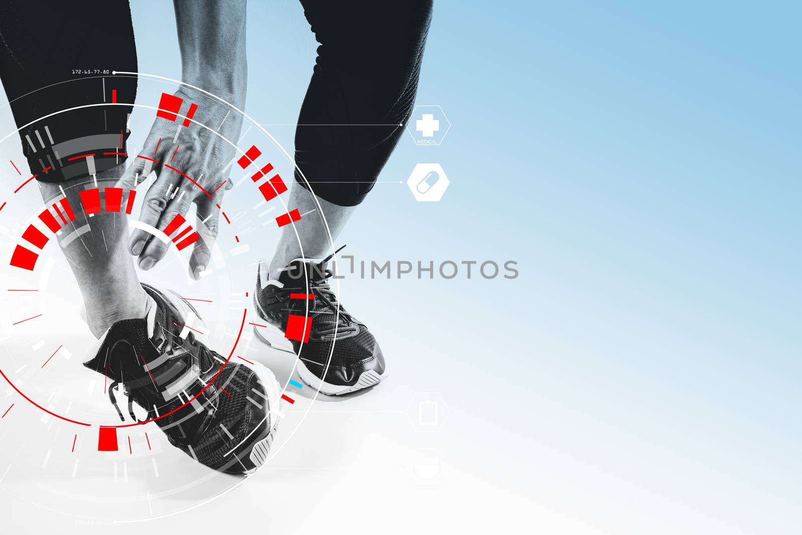 Athletic man touching foot due to sprain with VR medical scannin by everythingpossible