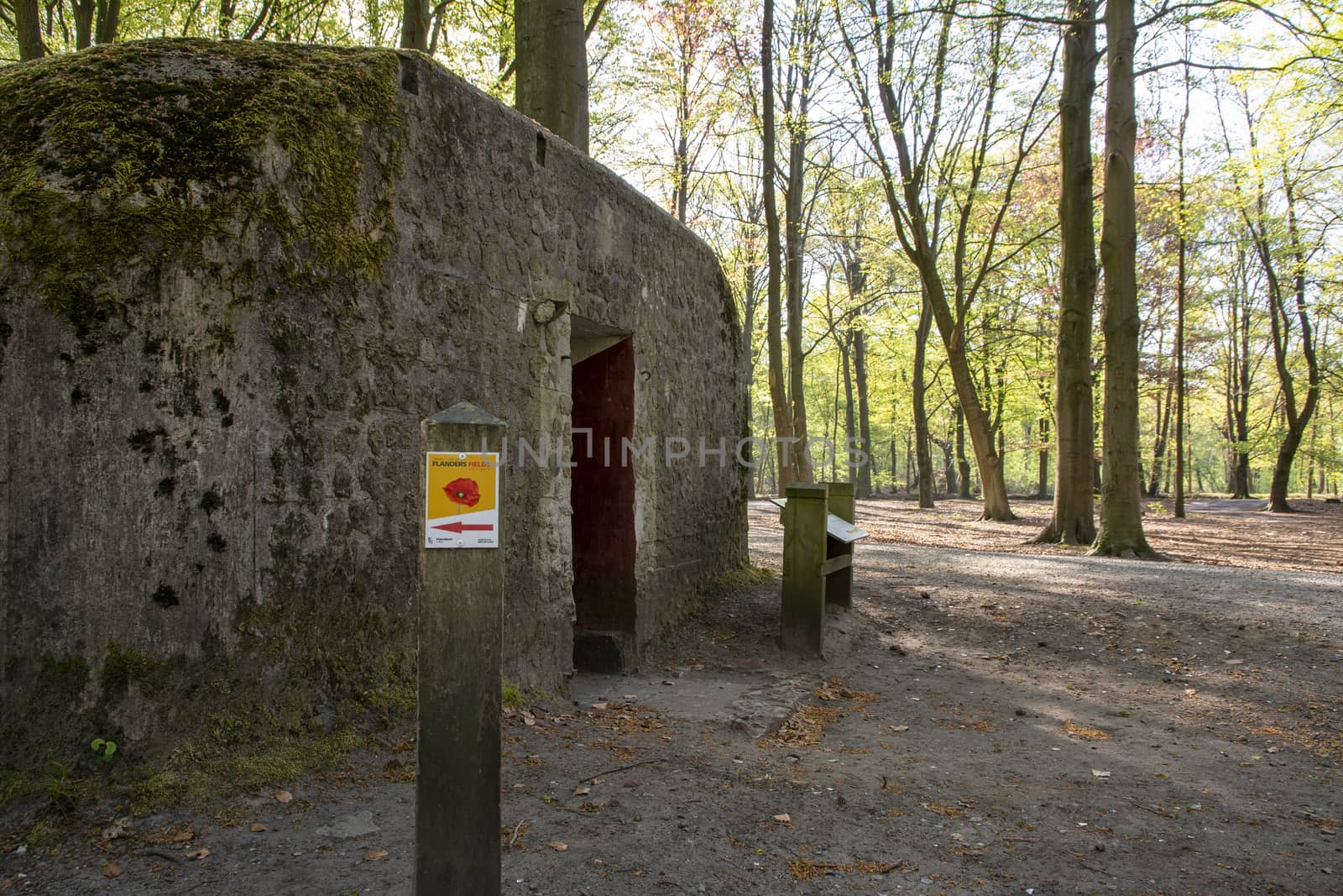 Kapellen, Belgium, April 2020: WW1 bunker located in Mastenbos on the historical Flanders Fields site