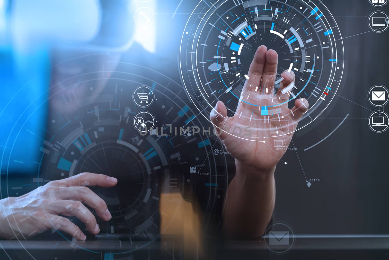 businessman wearing virtual reality goggles in modern office with Smartphone using with VR headset with scanning data screen icon diagram