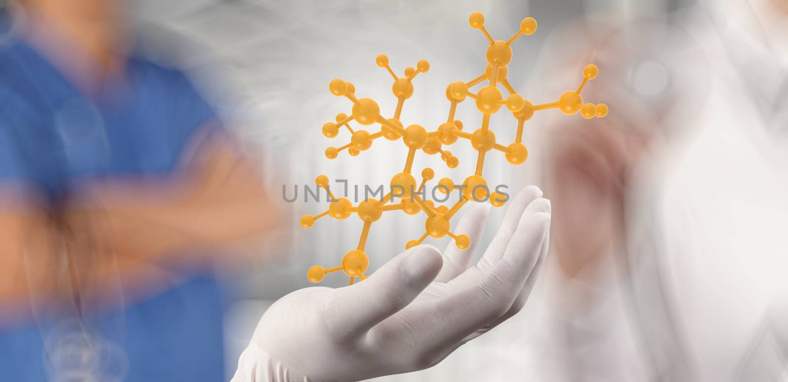 scientist doctor hand holds virtual molecular structure in the lab as concept 