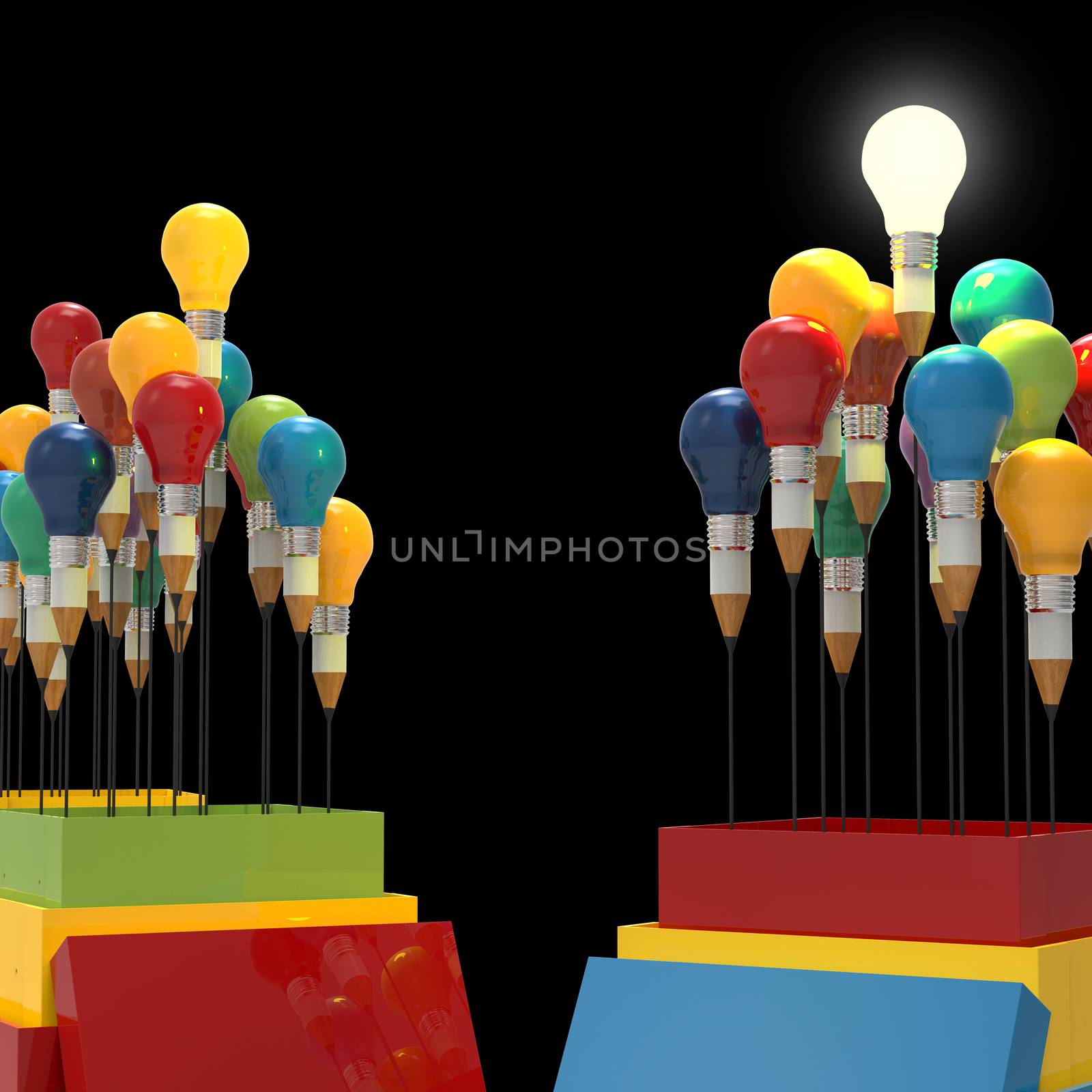 pencil light bulb 3d as think outside of the box and leadership as concept 