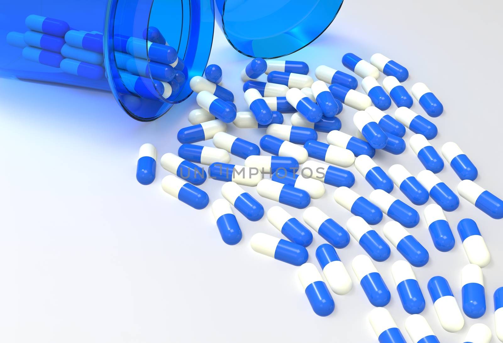 Pills 3d spilling out of pill bottle on white  by everythingpossible