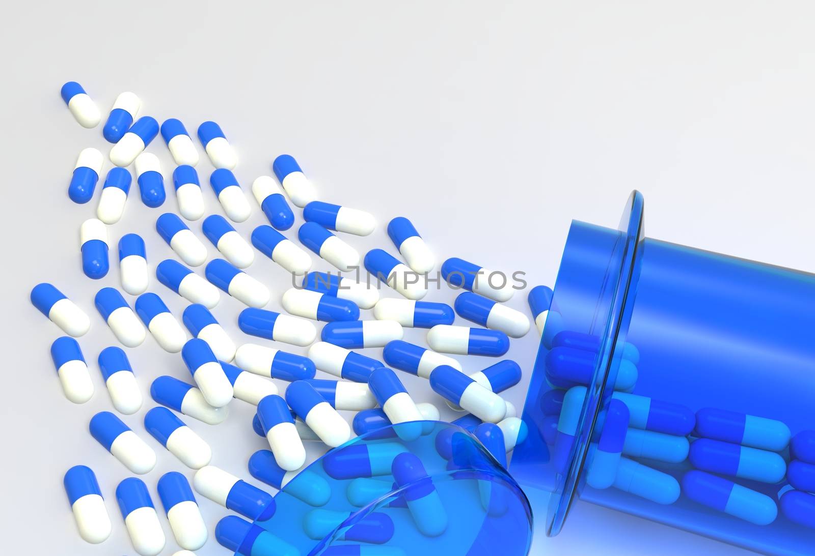 Pills 3d spilling out of pill bottle on white  by everythingpossible