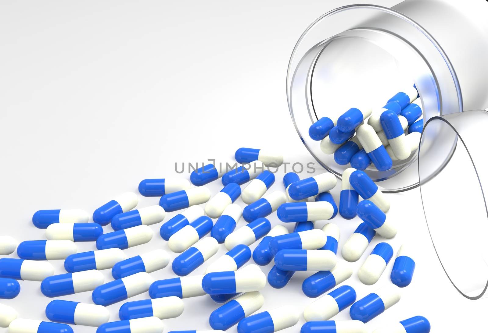 Pills 3d spilling out of pill bottle on white  by everythingpossible