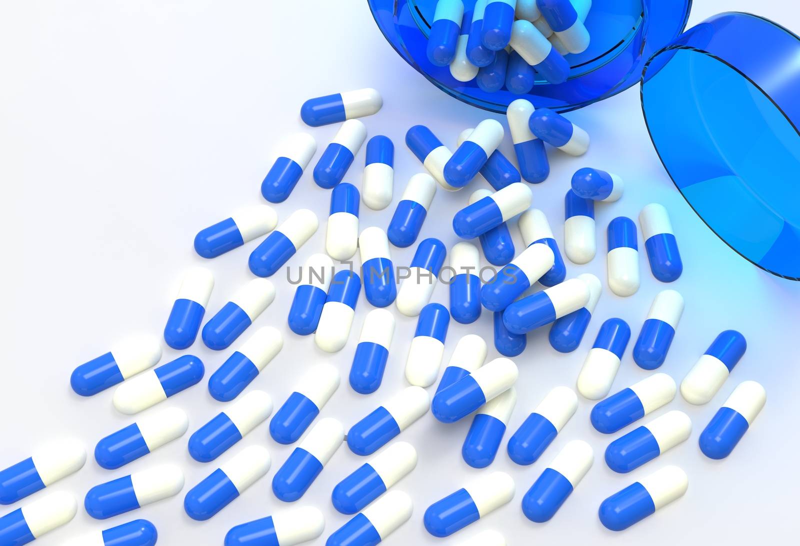 Pills 3d spilling out of pill bottle on white  by everythingpossible