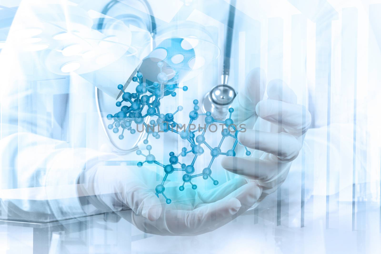 Double exposure of scientist doctor hand holds virtual molecular structure in the lab as concept 