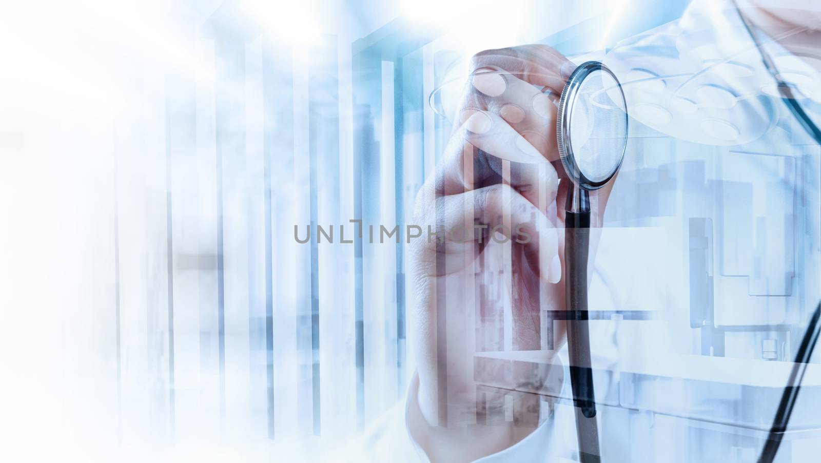 Double exposure of smart medical doctor working with abstract op by everythingpossible