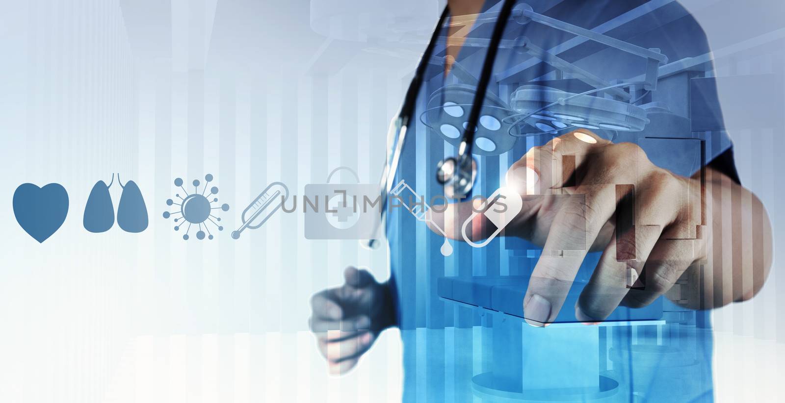 Double exposure of Medicine doctor hand working with modern computer interface as medical concept 