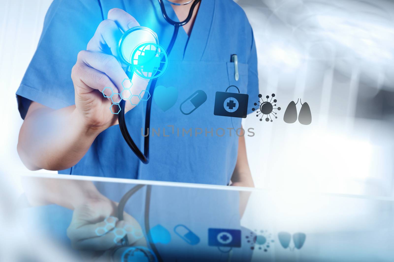 Medicine doctor hand working with modern computer interface as m by everythingpossible