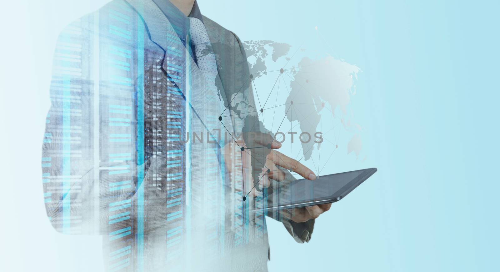 Double exposure of businessman working with new modern computer show social network structure 