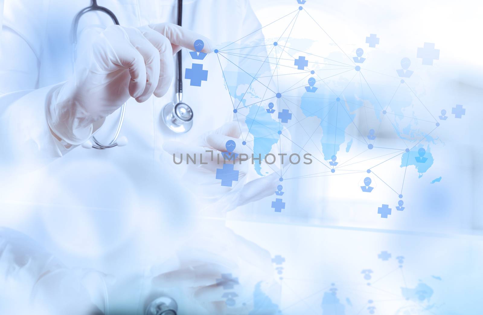 smart medical doctor hand showing network with operating room as concept