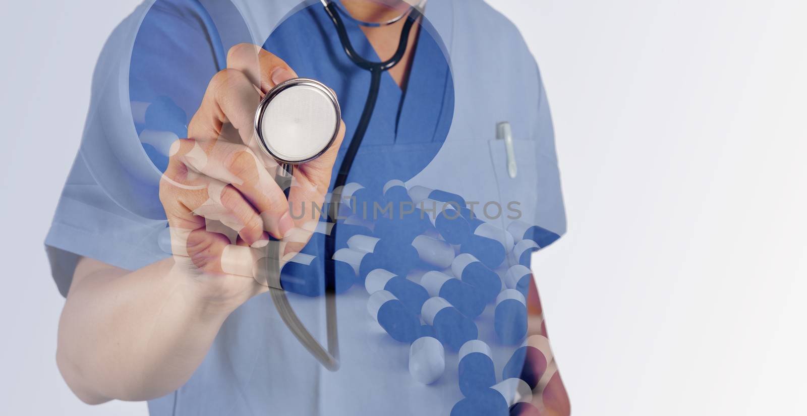 Double exposure of smart docotr with Pills, tablets and drugs pouring from bottle