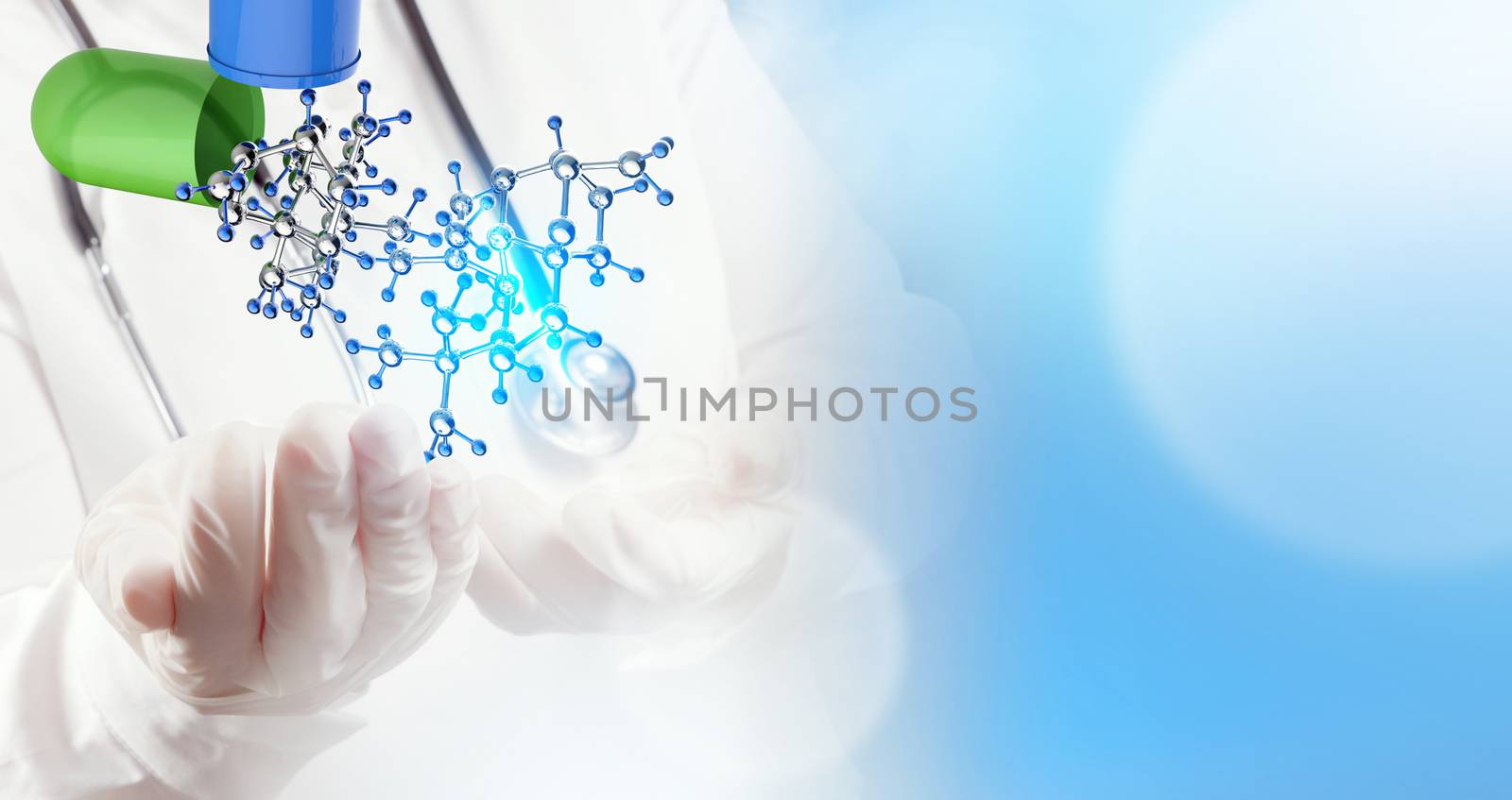 scientist doctor hand holds virtual molecular structure in the lab as concept 