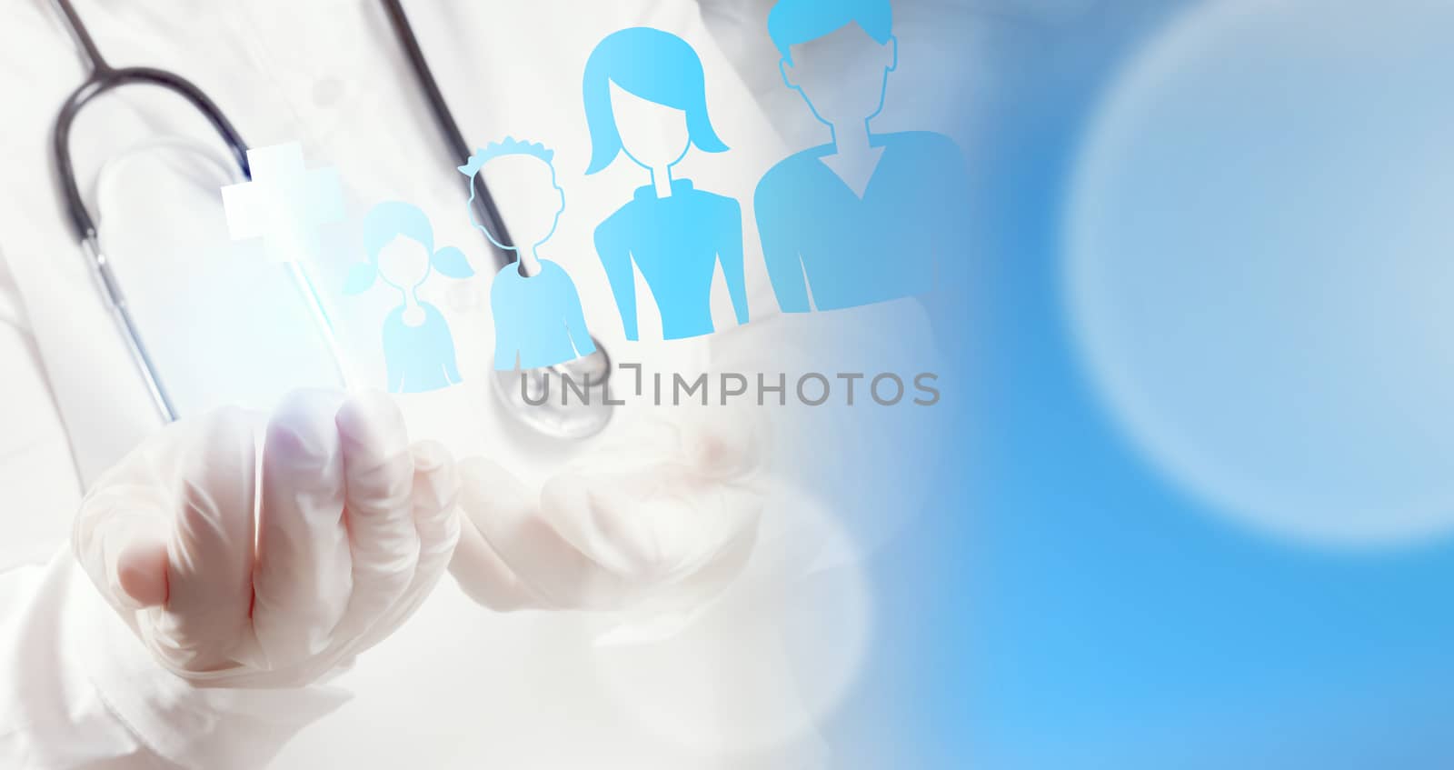 Medicine doctor hand working with modern computer interface with family icon as medical concept 