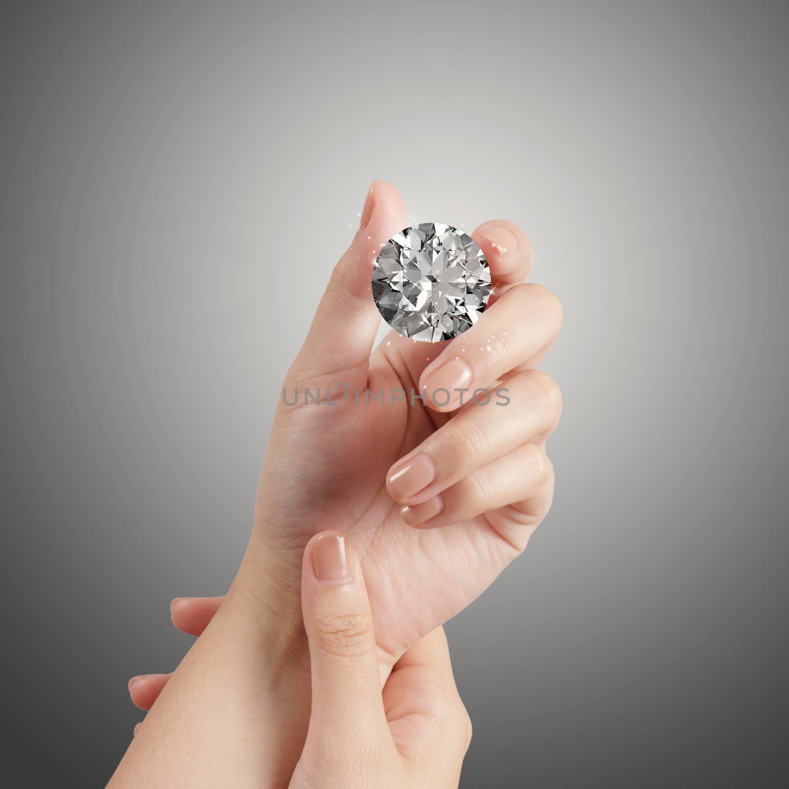 hand holding 3d diamond over grey background 