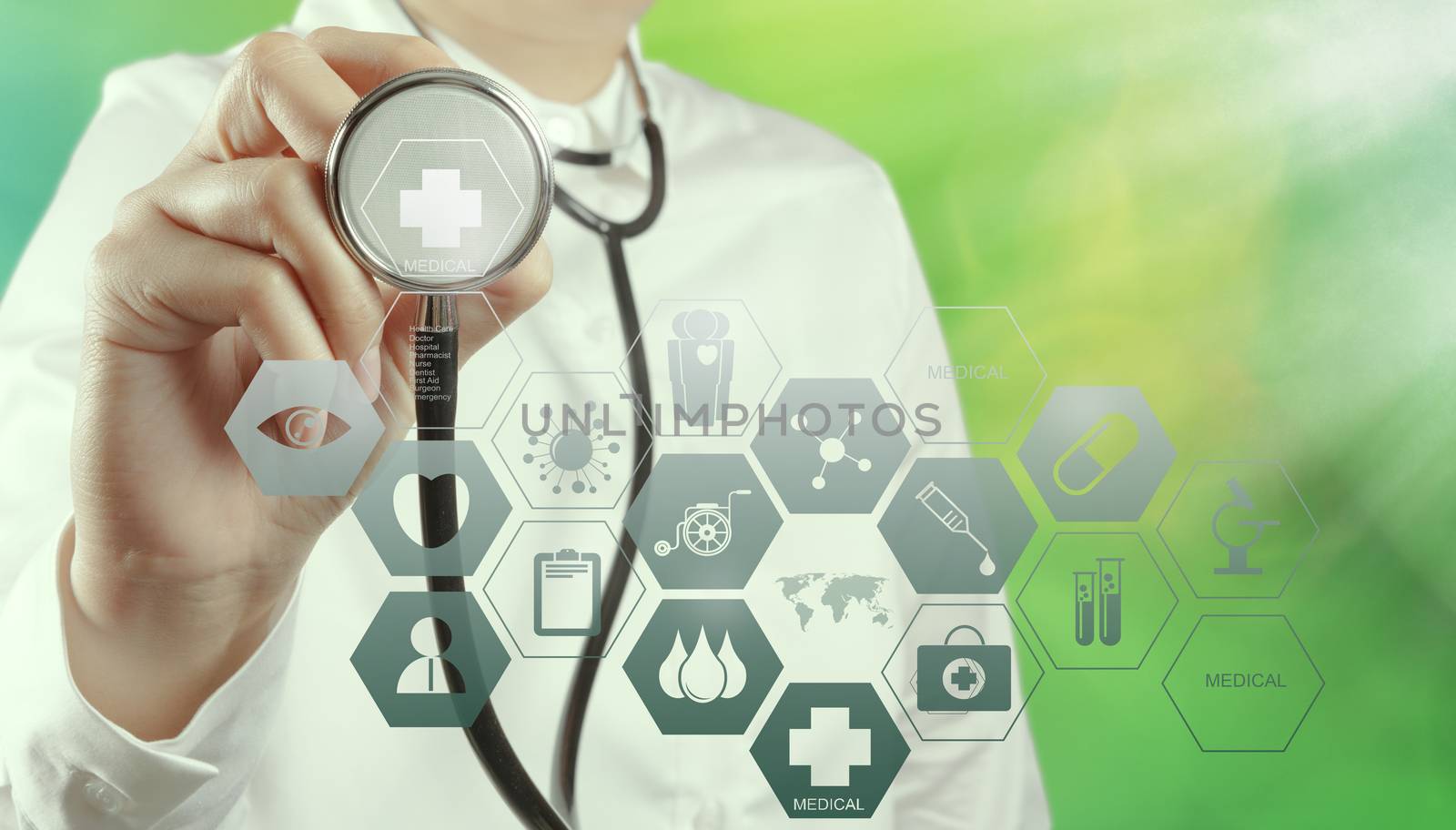 Double exposure of smart medical doctor working with nature background as concept 
