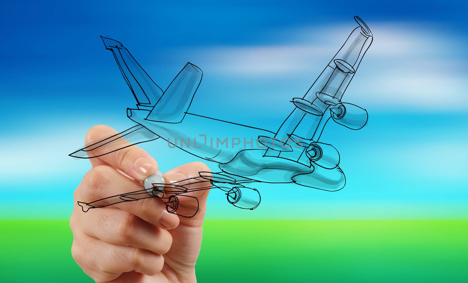 hand drawing airplane on blur blue sky background 