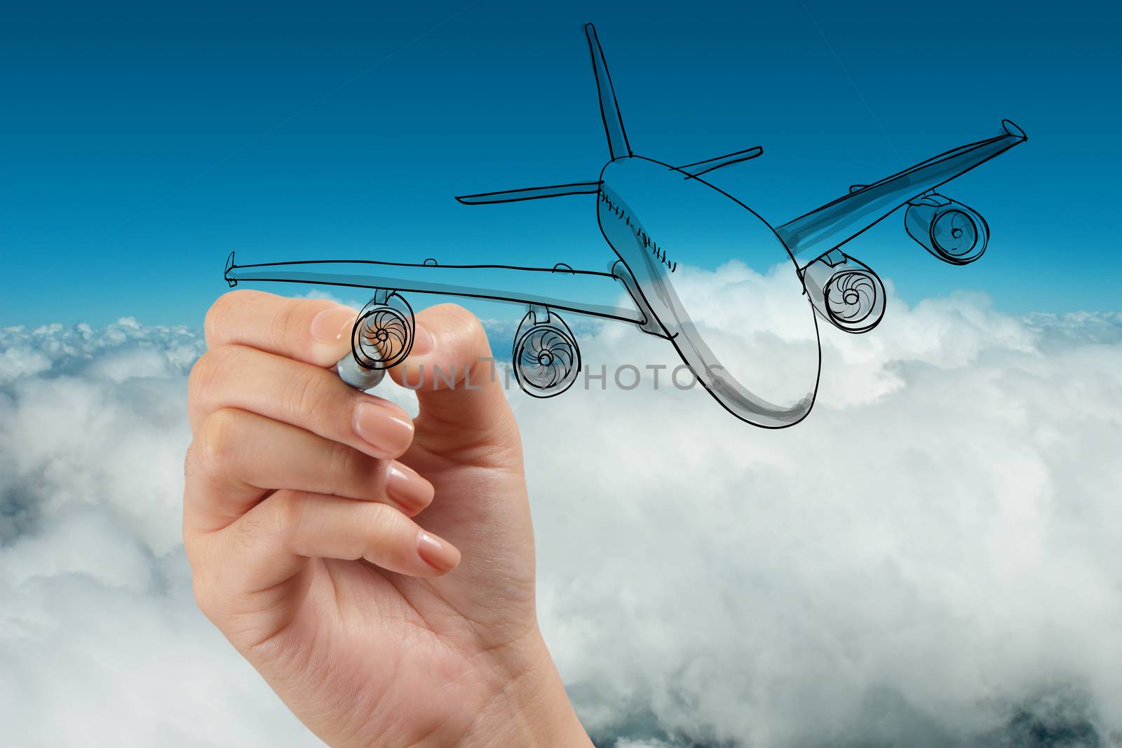 hand drawing airplane on blue sky background 