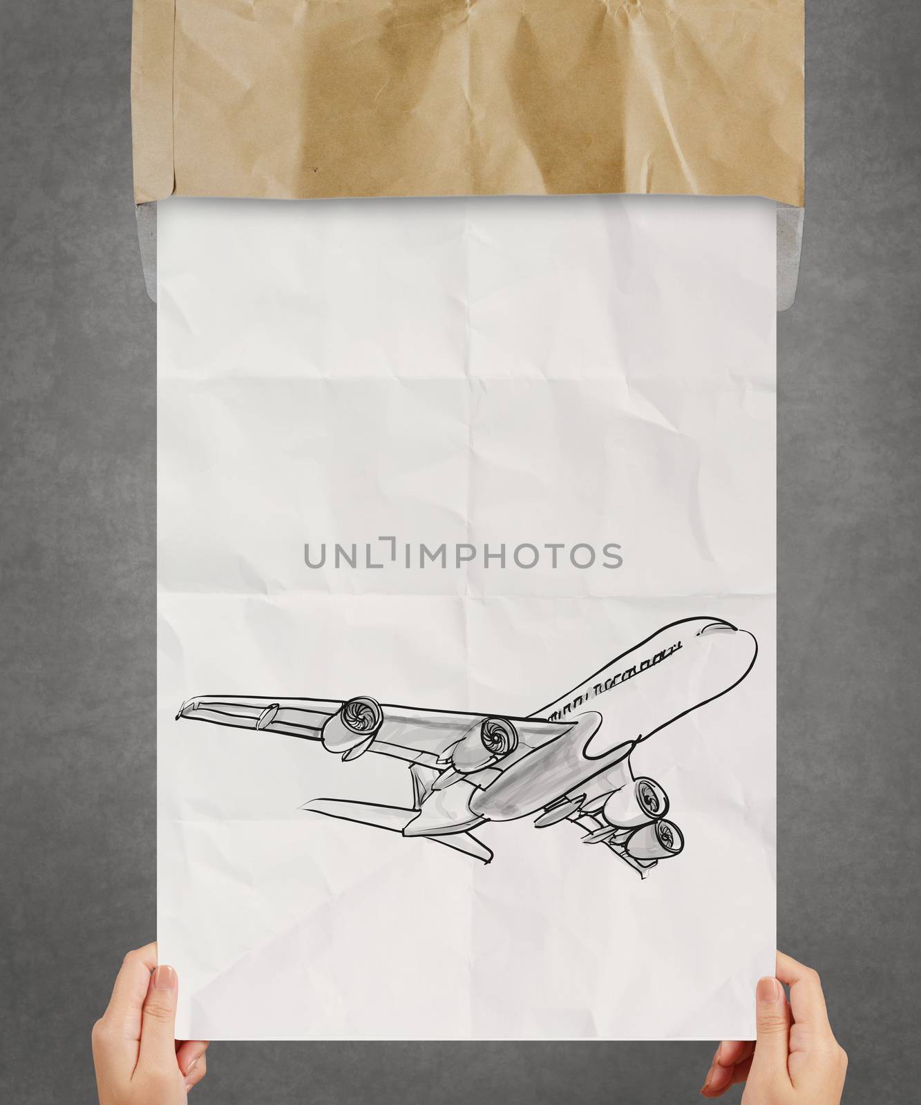 hand drawn airplane on crumpled paper background