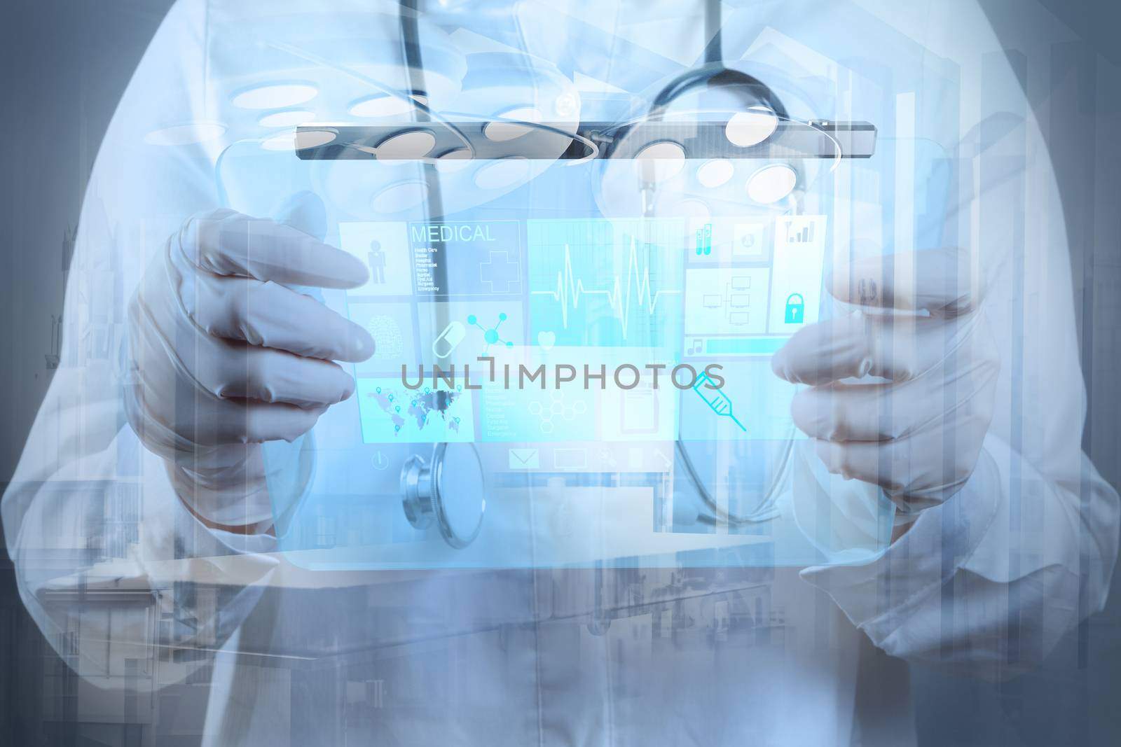 Double exposure of  Medicine doctor hand working with modern computer interface as medical concept 