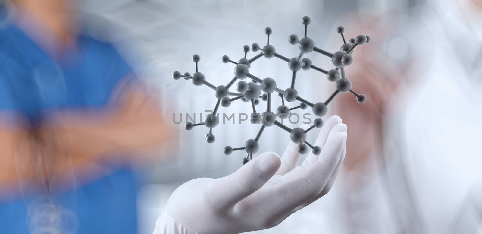 scientist doctor hand holds virtual molecular structure in the lab as concept 