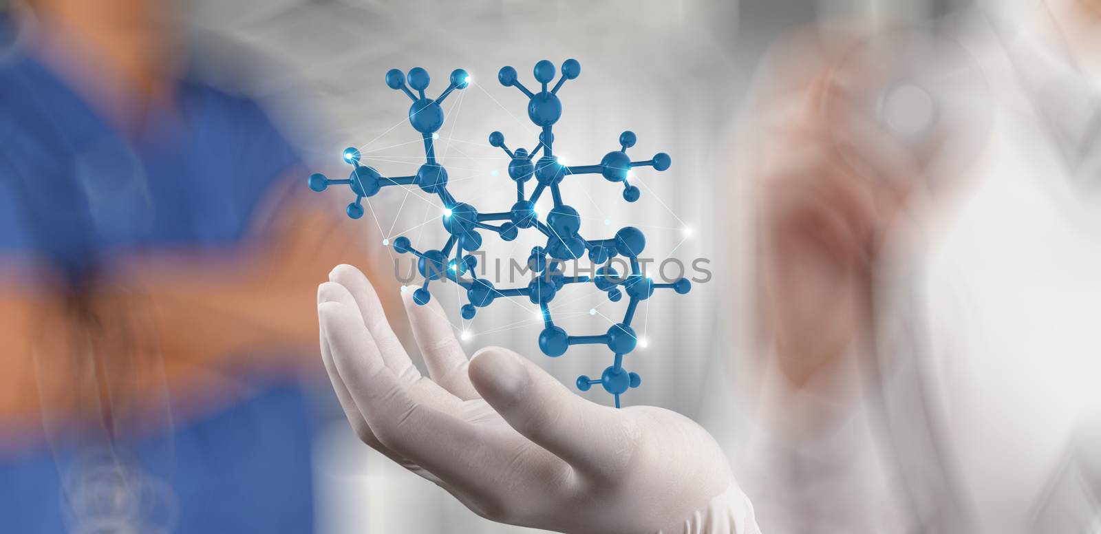 scientist doctor hand holds virtual molecular structure in the l by everythingpossible