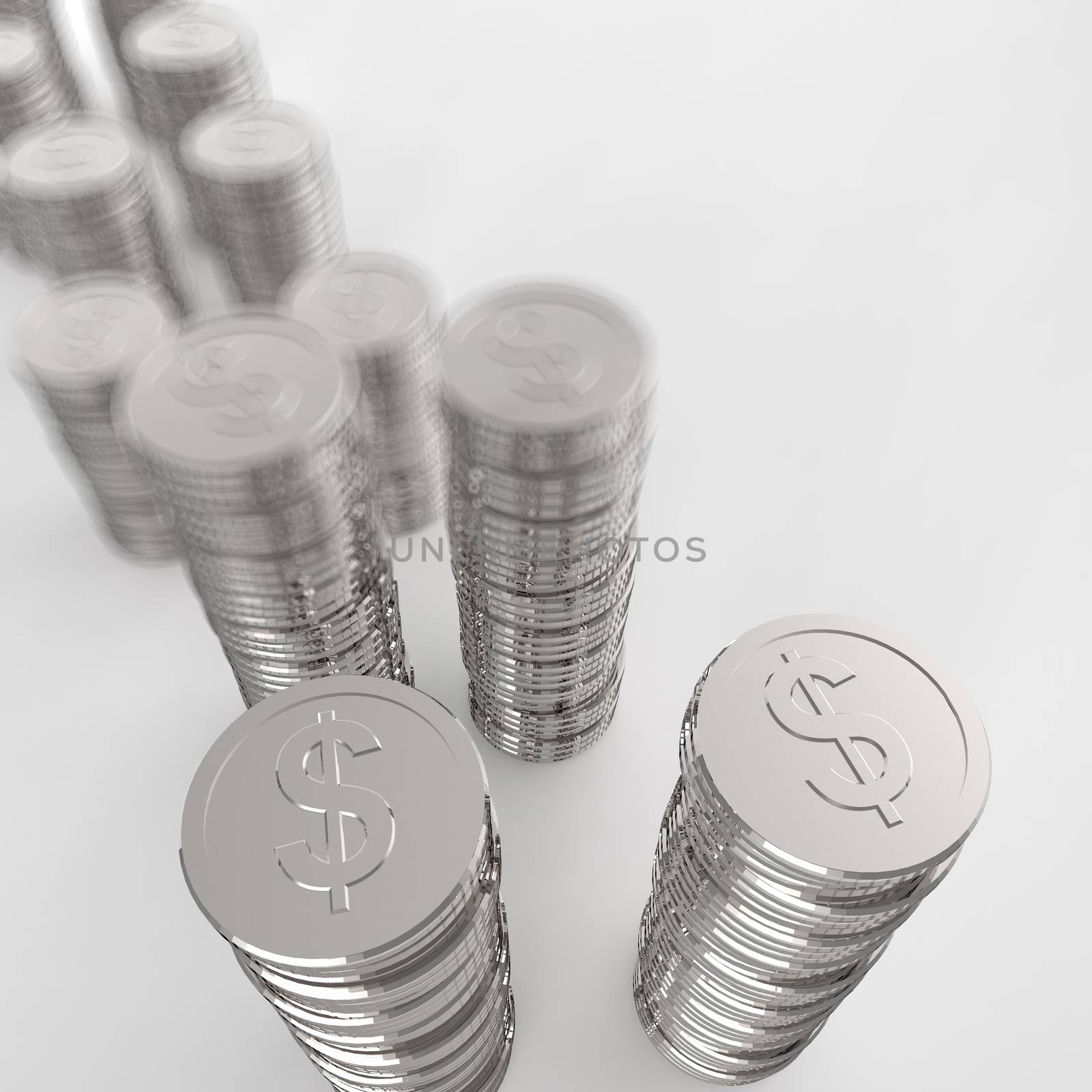 Stack of coins dollar sign 3d on white background