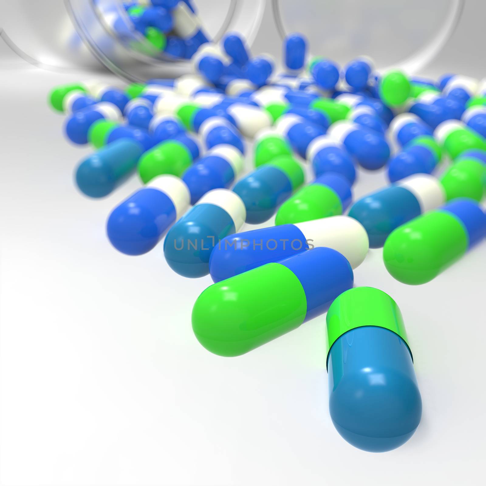 Pills 3d spilling out of pill bottle on white  by everythingpossible