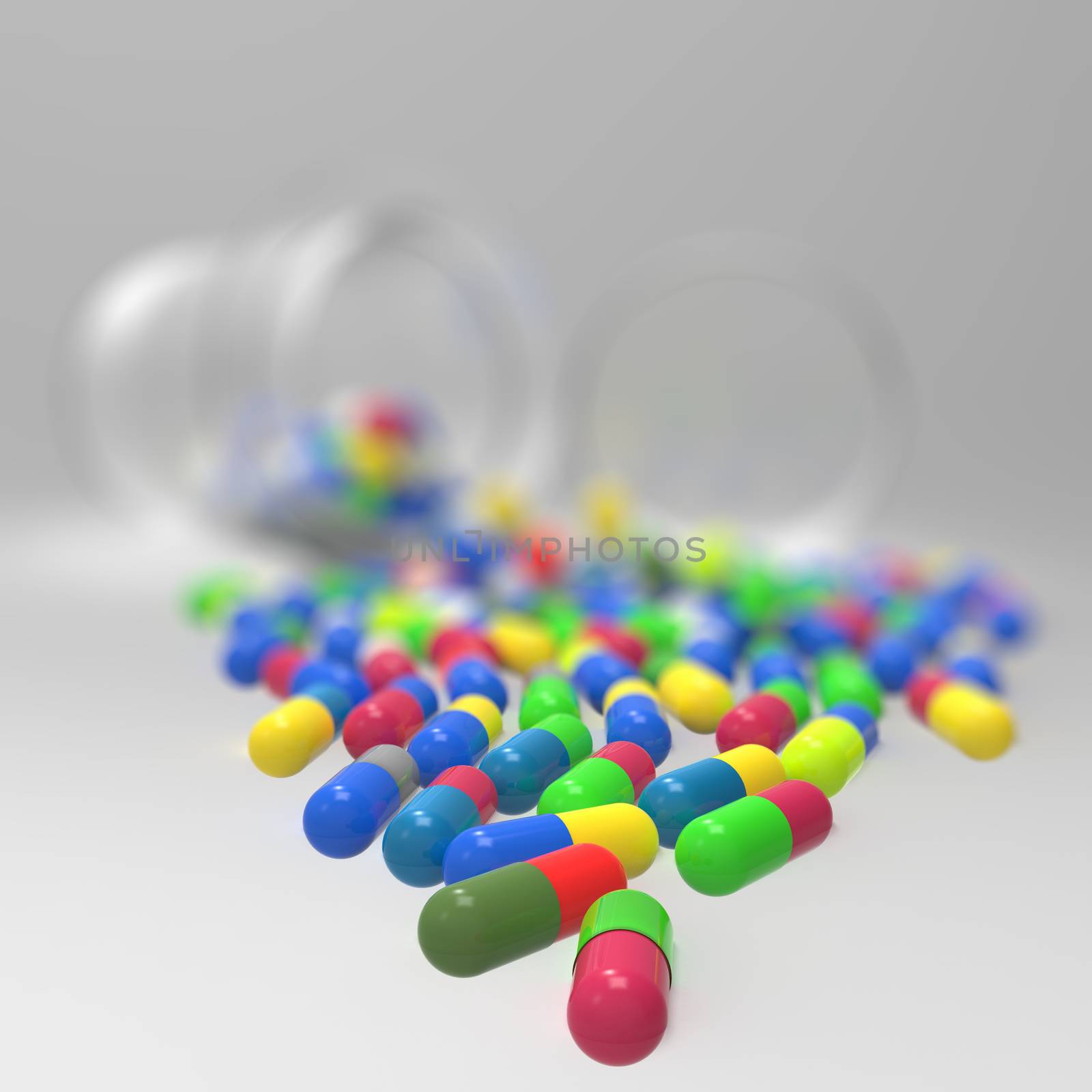 Pills 3d spilling out of pill bottle on white  by everythingpossible