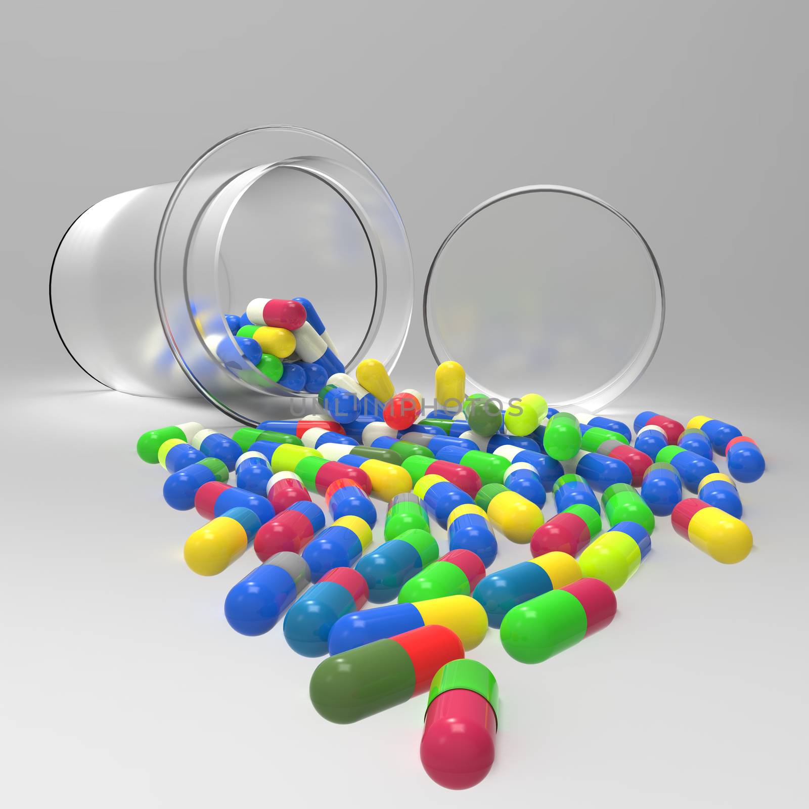 Pills 3d spilling out of pill bottle on white 