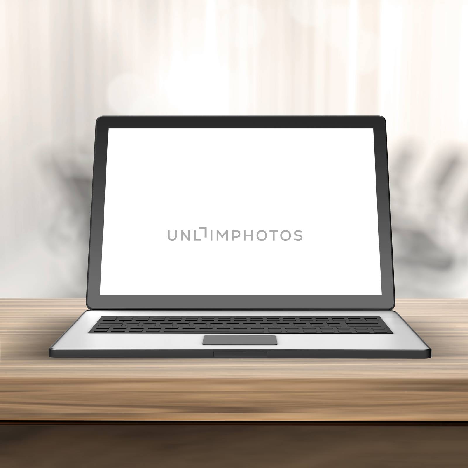 Laptop with blank screen on wood table  and blurred  background  by everythingpossible