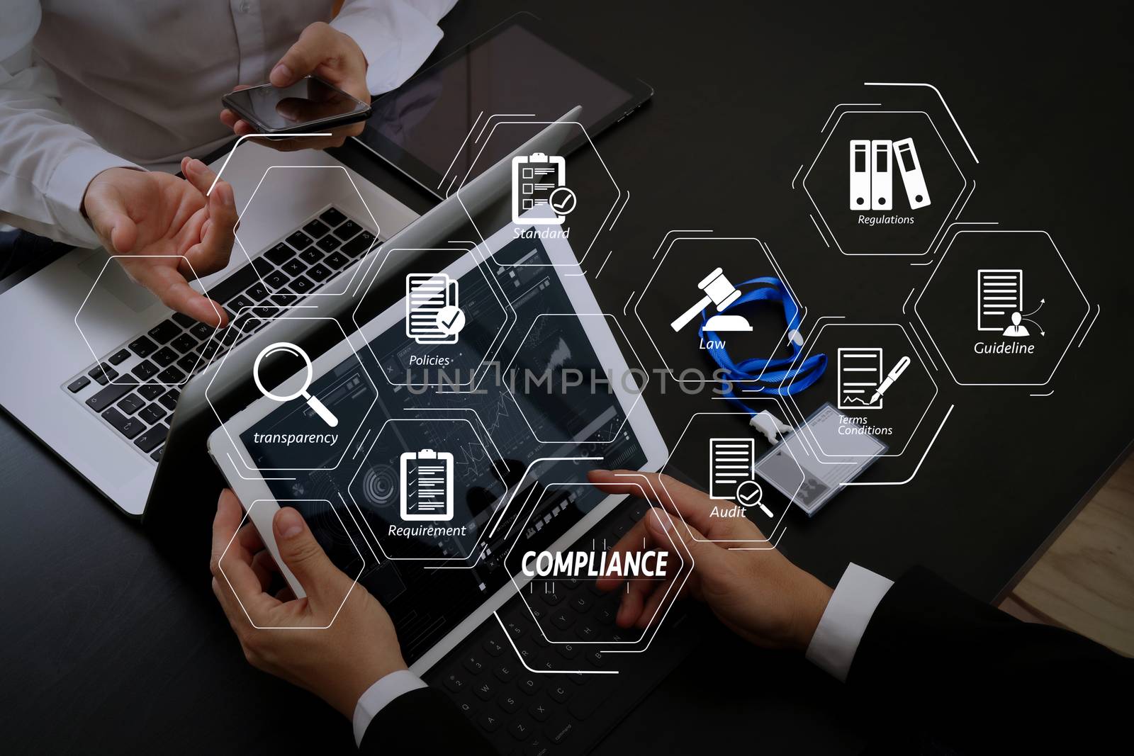 Compliance Virtual Diagram for regulations, law, standards, requirements and audit.co working team meeting concept,businessman using smart phone and digital tablet and laptop computer and name tag in modern office