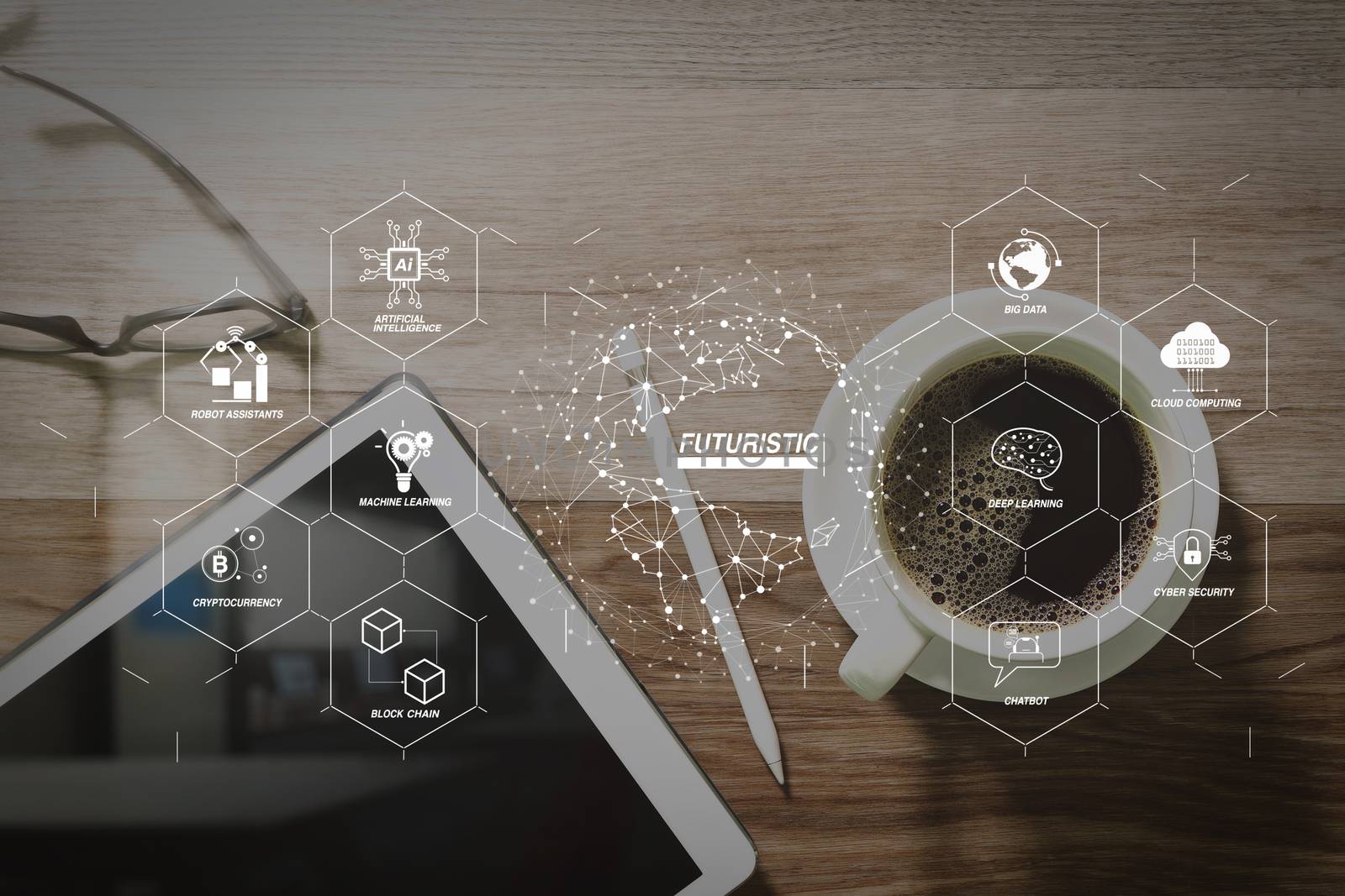 Futuristic in Industry 4.0 and business virtual diagram with Ai, robot assistant, Cloud, big data and automation. Coffee cup and Digital table dock smart keyboard,eyeglasses,stylus pen on wooden table,filter effect