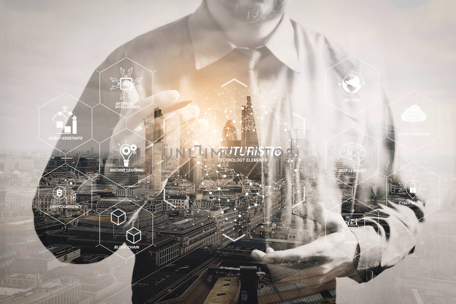 Double exposure of success businessman using digital tablet with by everythingpossible