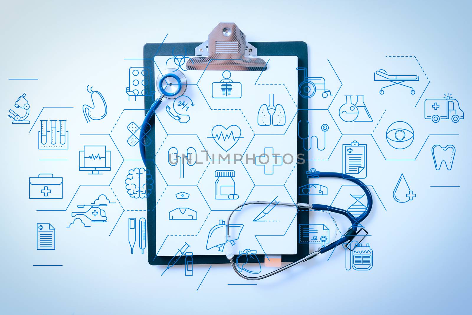 Health care and medical services concept with flat line AR interface. stethoscope and gray clipboard on white desk background