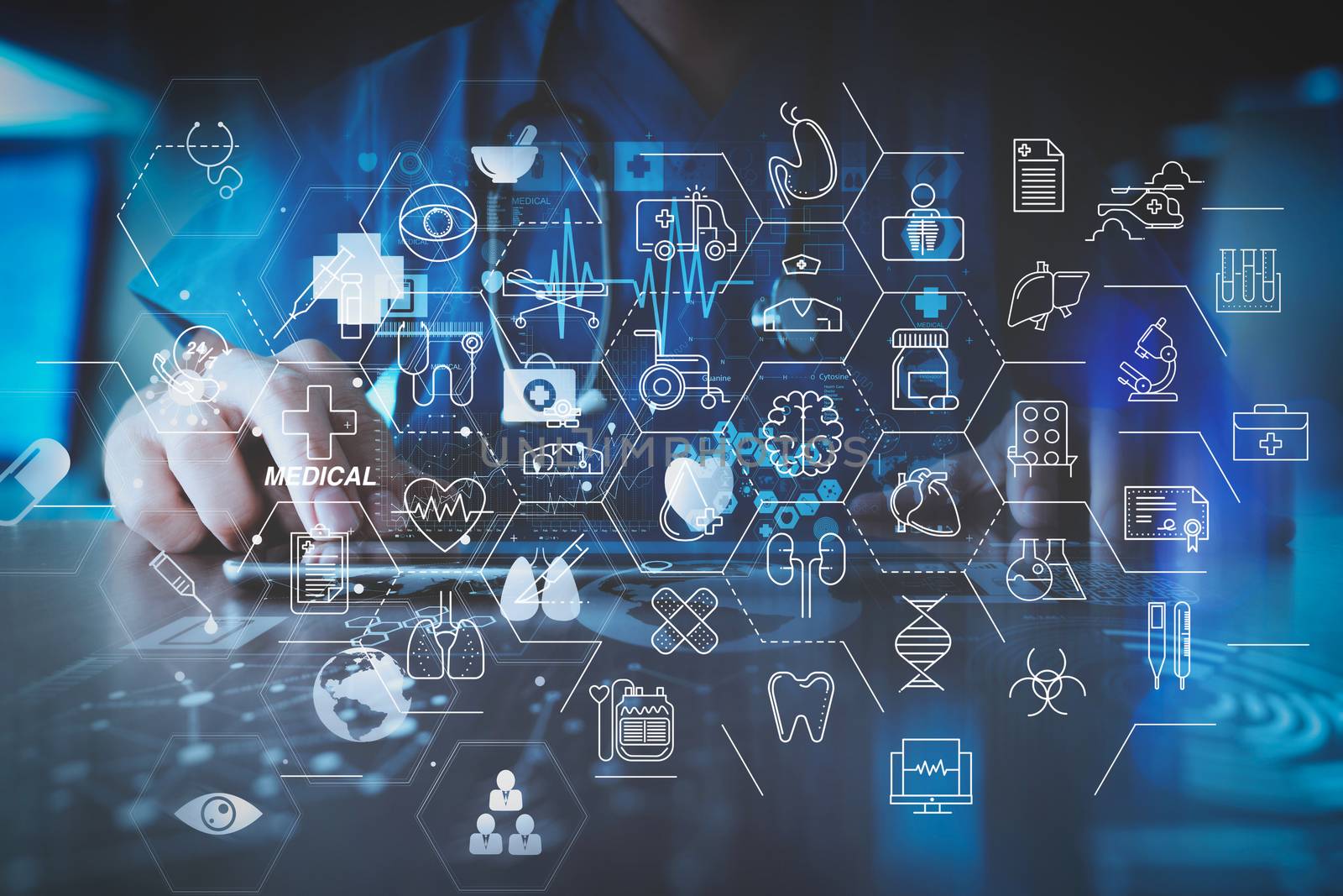 Health care and medical services concept with flat line AR interface.medical techonlogy concept,smart doctor hand working with modern laptop computer in modern office with virtual icon diagram