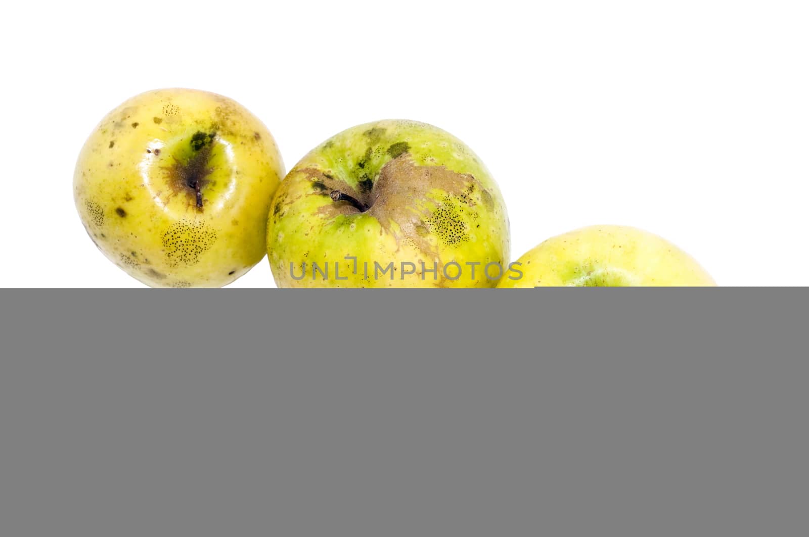 three yellow organic apples on a white background