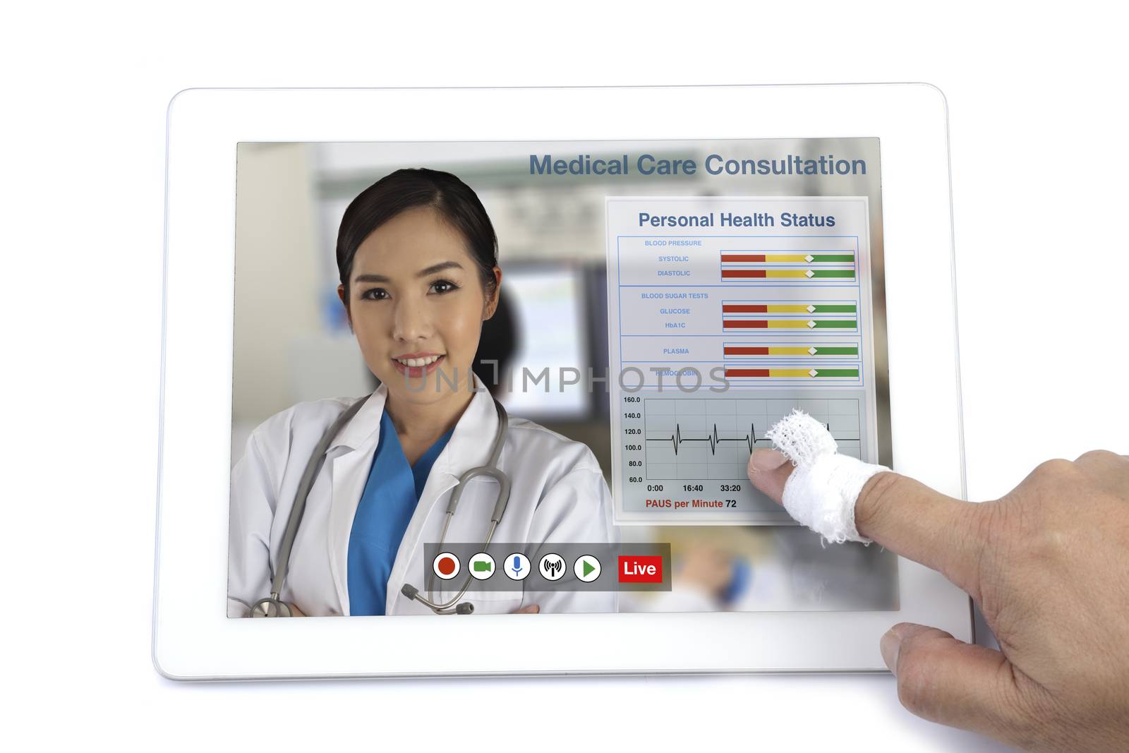Patient get medical consultation from doctor by teleconference on digital tablet.