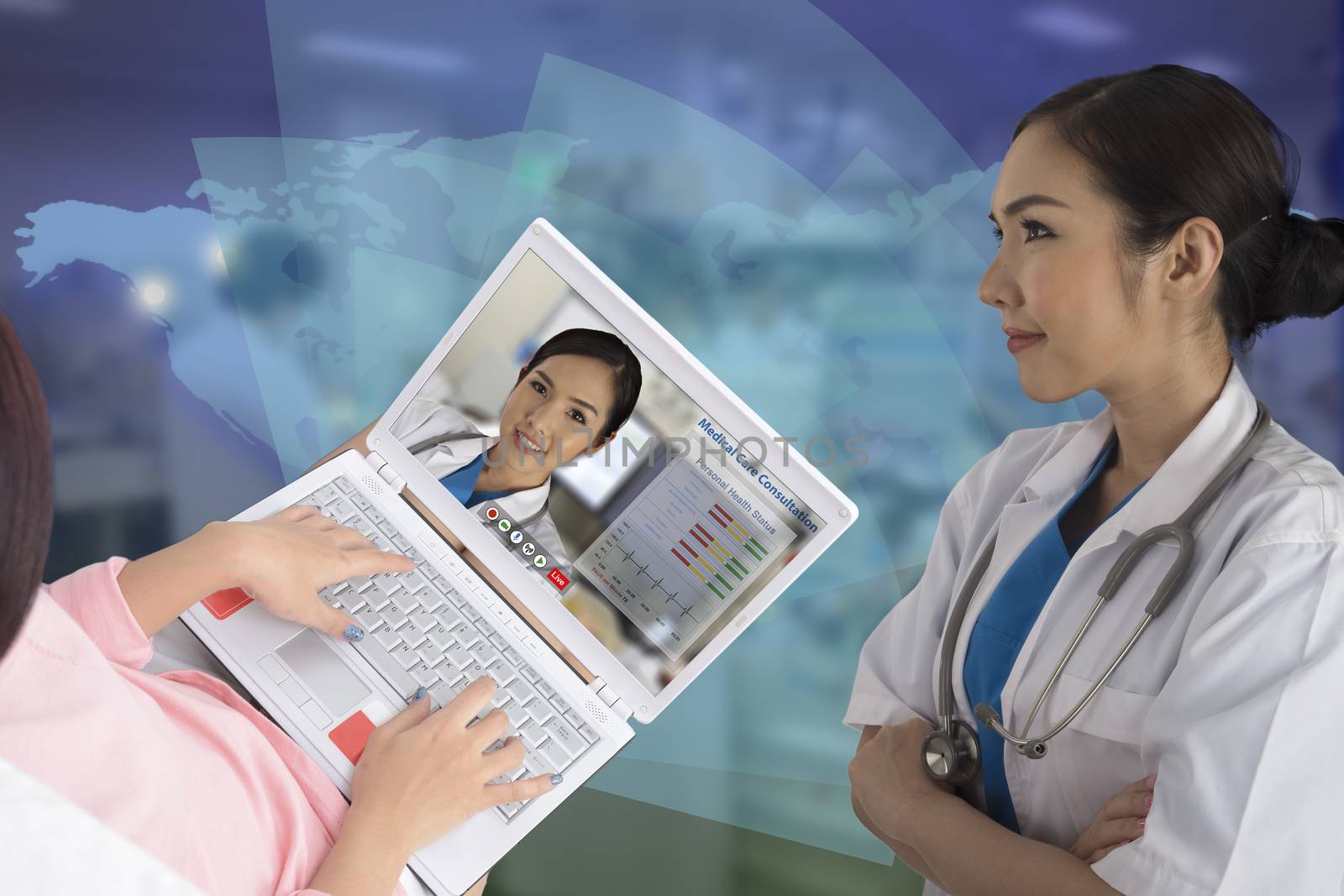Photo of female doctor and her patien shown that patient seem to be closer to doctor by using teleconference for medical care consultation.