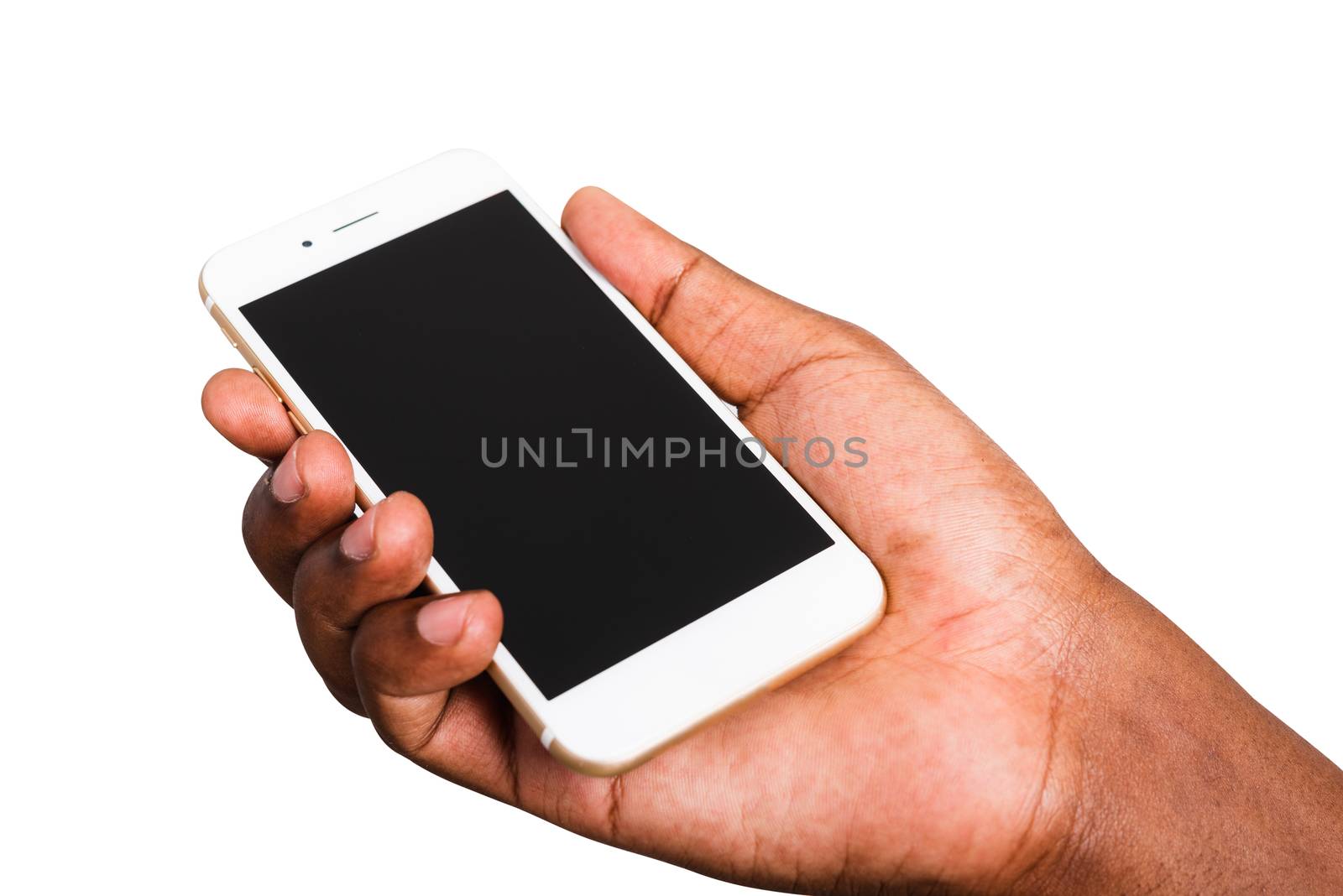 Closeup hand black man holding mockup white modern digital mobile smart phone blank screen on hand, studio shot isolated on white background