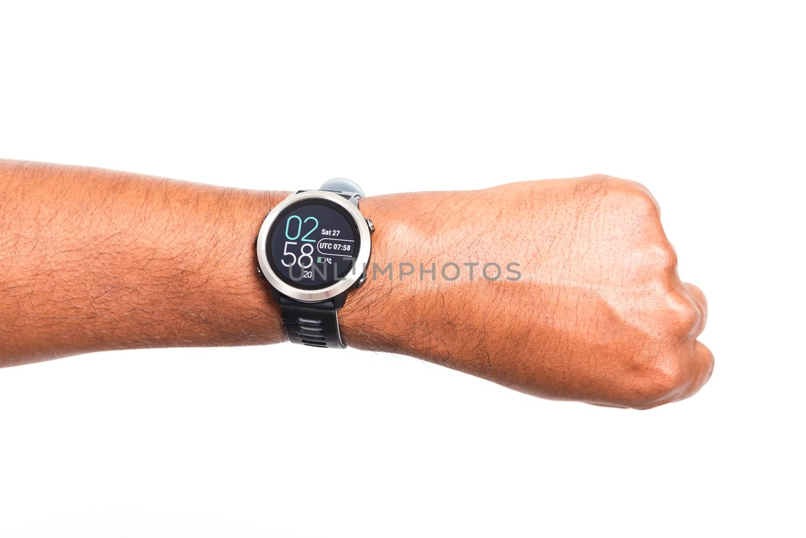 Closeup hand young black man wear modern digital smart watch on the wrist, studio shot isolated on white background