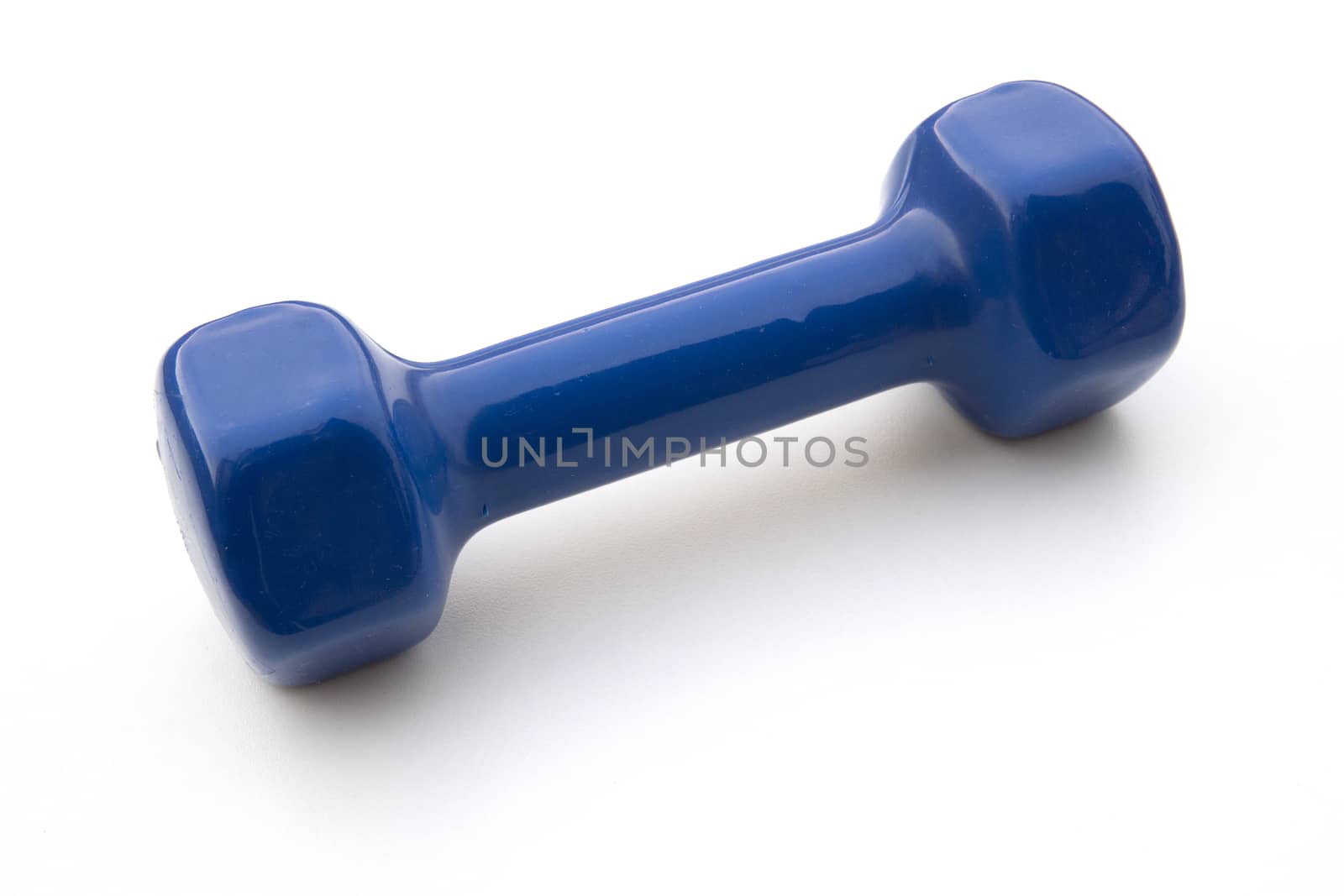 Blue Dumbell on white background. Exercising Equipment during lockdown and quarantine.