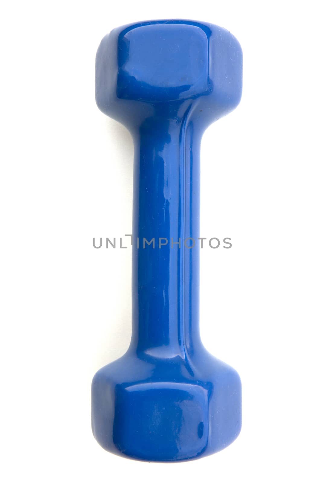 Blue Dumbell on white background. Exercising Equipment during lockdown and quarantine.