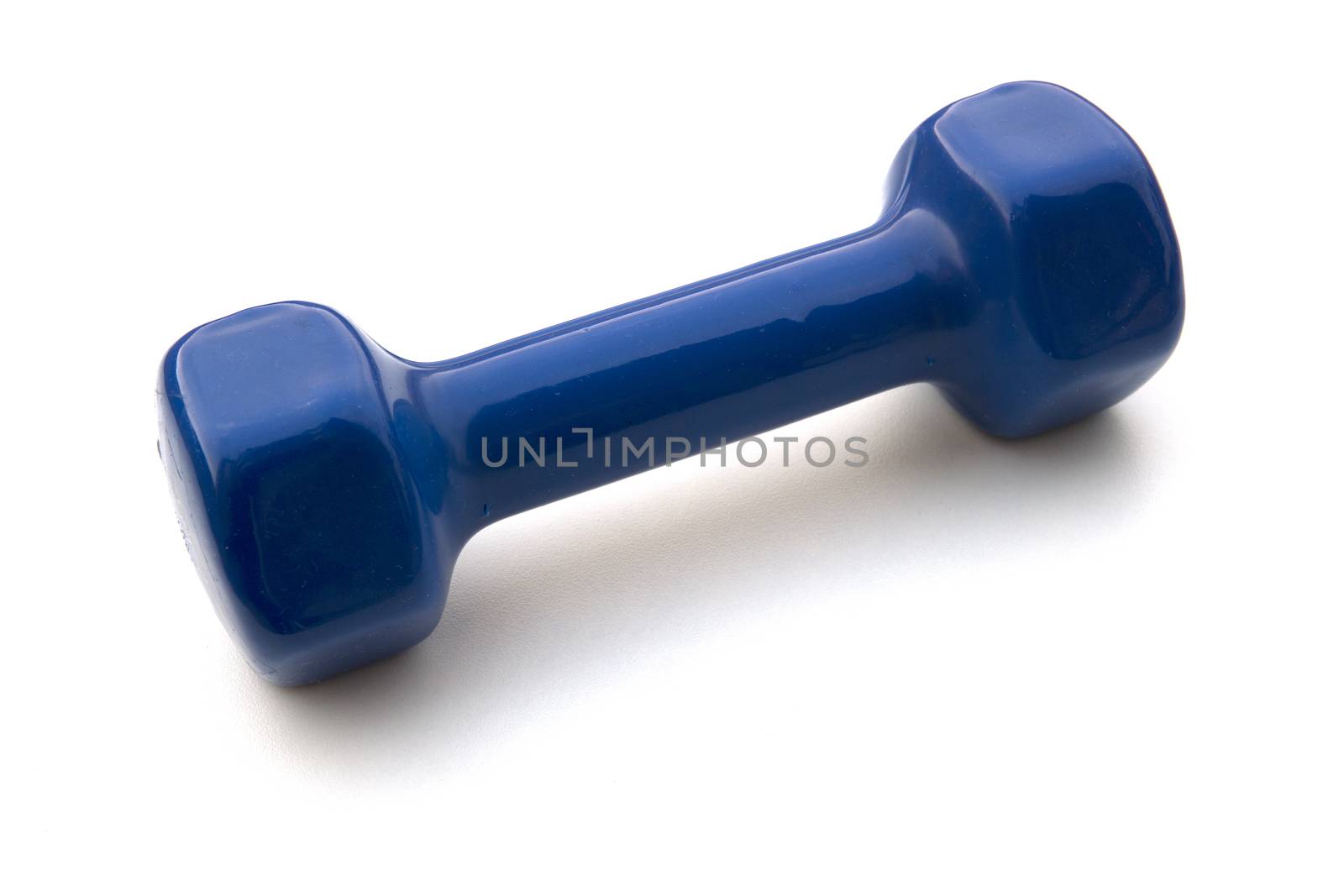 Blue Dumbell on white background. Exercising Equipment during lockdown and quarantine.