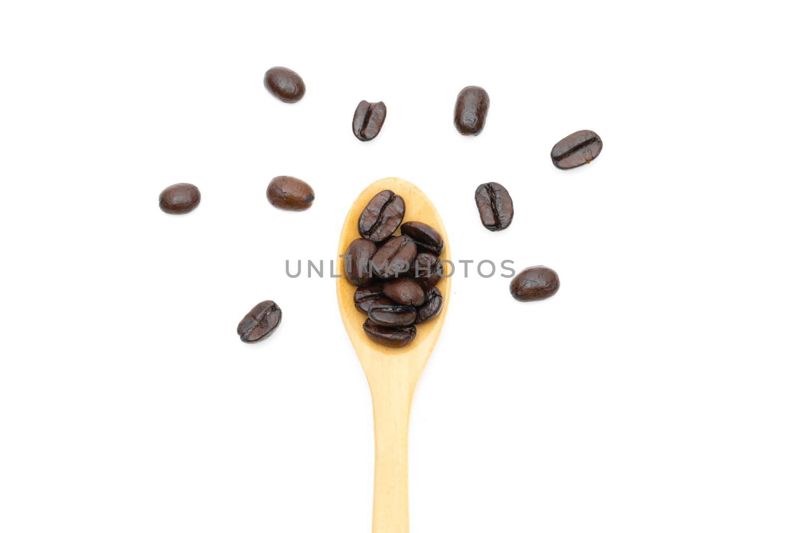 Roasted coffee beans in a sack of cloth on a white background