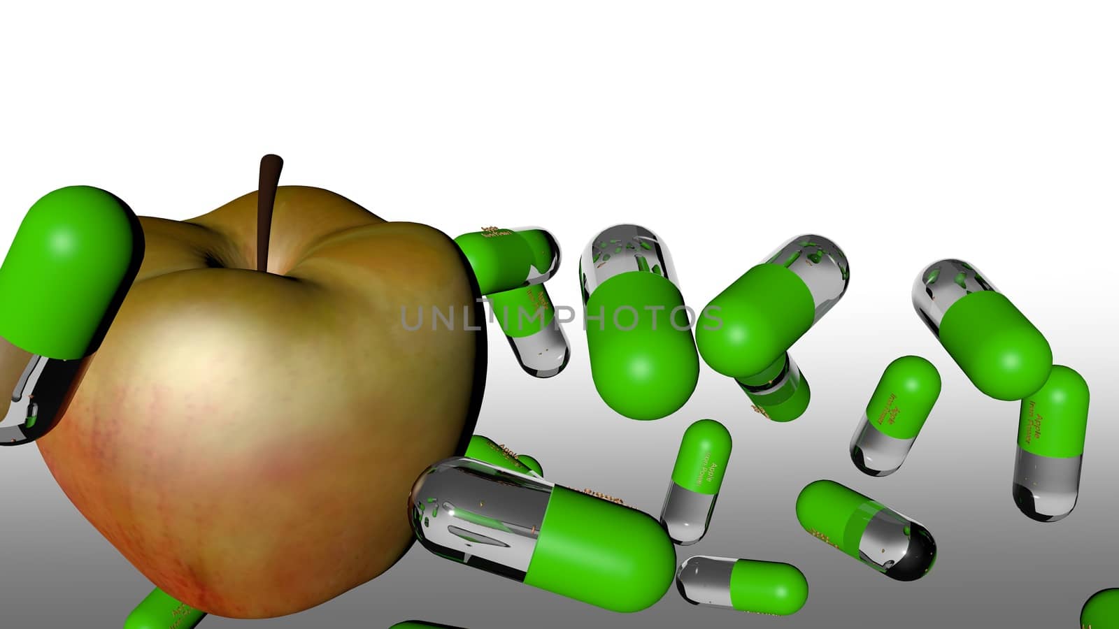 Colorful capsule with transparent gel body and an apple. (3d rendered ) by Photochowk